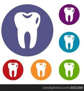 Tooth icons set in flat circle reb, blue and green color for web. Tooth icons set