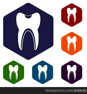 Tooth icons set rhombus in different colors isolated on white background. Tooth icons set
