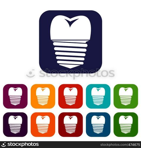 Tooth implant icons set vector illustration in flat style In colors red, blue, green and other. Tooth implant icons set