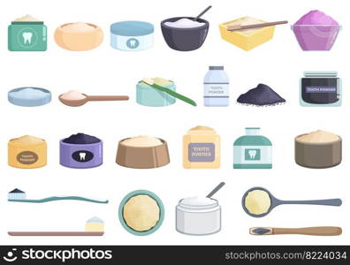 Tooth powder icons set cartoon vector. Health dentist. Water soda. Tooth powder icons set cartoon vector. Health dentist