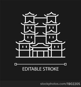 Tooth relic temple white linear icon for dark theme. Spiritual hub for Buddhists. Historical museum. Thin line customizable illustration. Isolated vector contour symbol for night mode. Editable stroke. Tooth relic temple white linear icon for dark theme