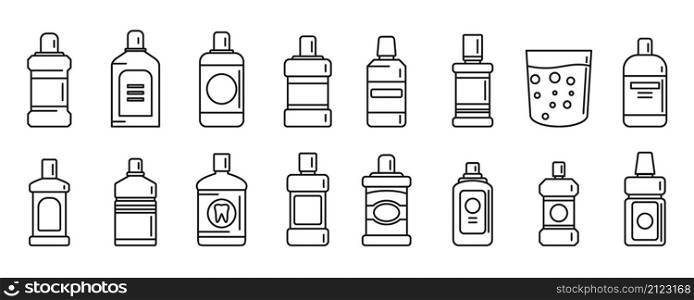 Tooth rinse icons set outline vector. Fresh breath. Liquid bottle. Tooth rinse icons set outline vector. Fresh breath