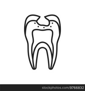 Tooth with broken enamel isolated chipped outline damaged premolar. Vector cracked molar with problem, dental clinic symbol, toothache and dentistry concept. Oral hygiene, healthy smile linear sign. Broken cracked tooth isolated chipped enamel molar