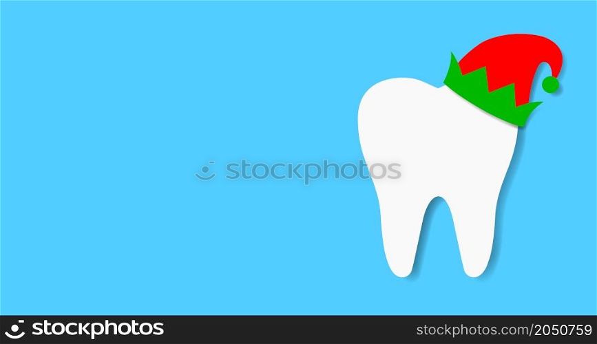 Tooth with hat for Christmas and new year banner design. Illustration on blue background.