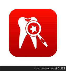 Tooth with magnifying glass icon digital red for any design isolated on white vector illustration. Tooth with magnifying glass icon digital red