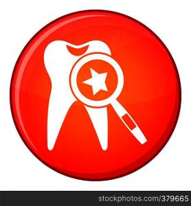 Tooth with magnifying glass icon in red circle isolated on white background vector illustration. Tooth with magnifying glass icon, flat style