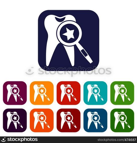 Tooth with magnifying glass icons set vector illustration in flat style In colors red, blue, green and other. Tooth with magnifying glass icons set