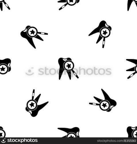 Tooth with magnifying glass pattern repeat seamless in black color for any design. Vector geometric illustration. Tooth with magnifying glass pattern seamless black