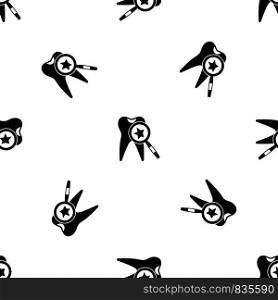 Tooth with magnifying glass pattern repeat seamless in black color for any design. Vector geometric illustration. Tooth with magnifying glass pattern seamless black