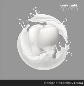 Tooth with white milk or yogurt splash round swirl with drops, realistic vector. White teeth and calcium drink in milky wave, dairy food product for healthy dental care, milk splatter in whirl. Tooth in white milk or yogurt splash, round swirl