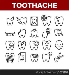 Toothache Collection Elements Icons Set Vector Thin Line. Dental Toothache And Caries, Enamel Damaged And Tooth Lost, Mouth Hygiene Concept Linear Pictograms. Monochrome Contour Illustrations. Toothache Collection Elements Icons Set Vector