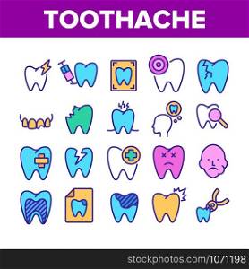 Toothache Collection Elements Icons Set Vector Thin Line. Dental Toothache And Caries, Enamel Damaged And Tooth Lost, Mouth Hygiene Concept Linear Pictograms. Color Illustrations. Toothache Collection Elements Icons Set Vector