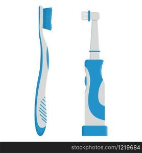 Toothbrush and electric toothbrush blue color cartoon isolated on white background. Teeth protection, oral care, dental health concept for poster, banner. Vector illustration for any design.