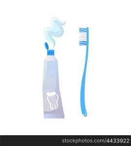 Toothbrush and toothpaste isolated on white background. Toothbrush and toothpaste for dental cleaning hygiene, health care medical oral, brush for teeth, stomatology protection, vector illustration
