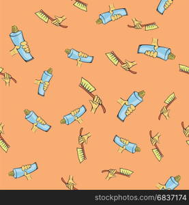 Toothbrush and Toothpaste Seamless Pattern on Orange Background. Toothbrush and Toothpaste Seamless Pattern