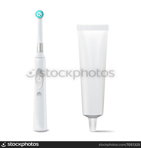 Toothbrush And Toothpaste Tube Vector. Realistic Electric Tooth Brush Mock Up For Branding Design. Isolated On White Illustration.. Electric Toothbrush, Toothpaste Tube Vector. Realistic Classic Tooth Brush Mock Up For Branding Design. Isolated On White Illustration.