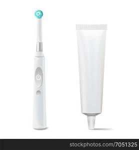 Toothbrush And Toothpaste Tube Vector. Realistic Electric Tooth Brush Mock Up For Branding Design. Isolated On White Illustration.. Electric Toothbrush, Toothpaste Tube Vector. Realistic Classic Tooth Brush Mock Up For Branding Design. Isolated On White Illustration.
