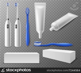 Toothbrush and tubes. Realistic different toothbrushes plastic and electric, packaging and tubes toothpaste mockup, dentistry accessory hygiene mouth vector set on transparent background. Toothbrush and tubes. Realistic different toothbrushes, packaging and tubes toothpaste mockup, dentistry accessory hygiene mouth vector set