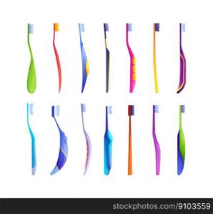 Toothbrush collection. Cartoon dental brush with bristle, teeth hygiene and enamel protection tools, oral health concept. Vector isolated set. Colorful objects for care and daily routine. Toothbrush collection. Cartoon dental brush with bristle, teeth hygiene and enamel protection tools, oral health concept. Vector isolated set