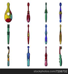 Toothbrush dental icons set. Cartoon illustration of 16 toothbrush dental icons for web. Toothbrush dental icons set, cartoon style