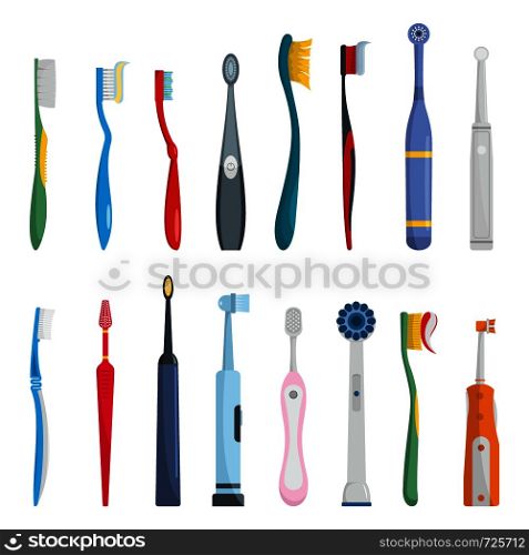 Toothbrush dental icons set. Flat illustration of 16 toothbrush dental icons for web. Toothbrush dental icons set, flat style