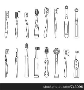 Toothbrush dental icons set. Outline illustration of 16 toothbrush dental icons for web. Toothbrush dental icons set, outline style
