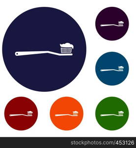 Toothbrush icons set in flat circle reb, blue and green color for web. Toothbrush icons set