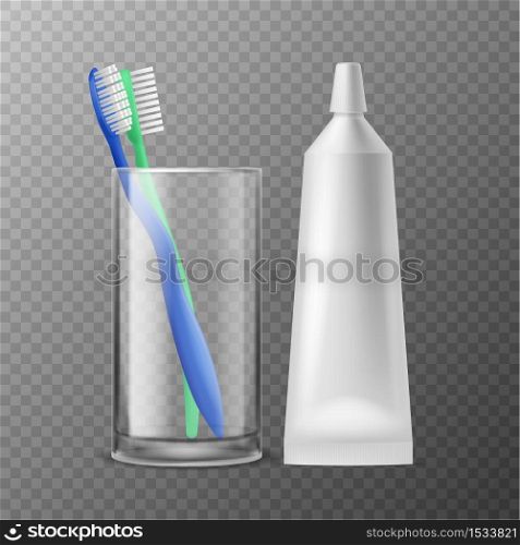 Toothbrush in glass. Dental morning hygiene, realistic toothbrushes with tube paste, toiletries for protection health teeth fresh breath, dentistry accessory, vector isolated illustration. Toothbrush in glass. Dental morning hygiene, toothbrushes with tube paste, toiletries for protection health teeth fresh breath vector illustration