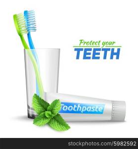 Toothbrushes In Glass And Toothpaste. Design concept set with toothbrushes in glass and mint toothpaste vector illustration