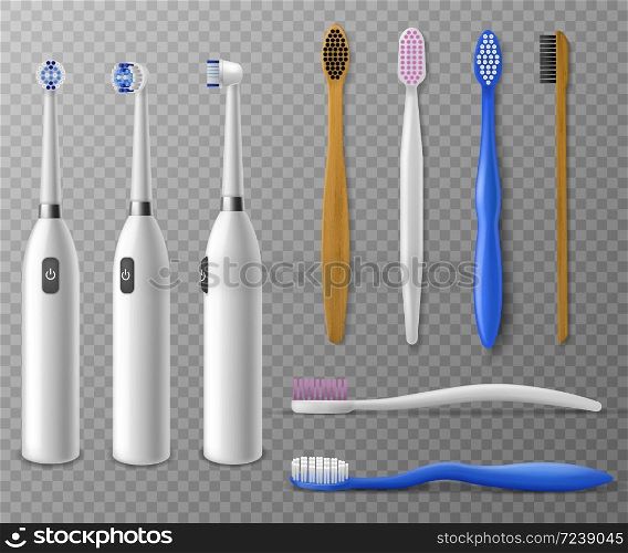 Toothbrushes mockup. Realistic plastic, electric toothbrush in different angles, promo items daily morning mouth hygiene, tooth cleaning vector set on transparent background. Toothbrushes mockup. Realistic toothbrush in different angles, promo items daily morning mouth hygiene, tooth cleaning vector set