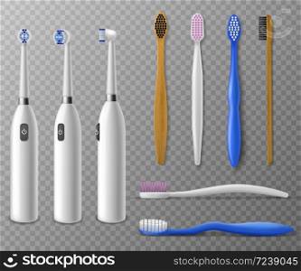 Toothbrushes mockup. Realistic plastic, electric toothbrush in different angles, promo items daily morning mouth hygiene, tooth cleaning vector set on transparent background. Toothbrushes mockup. Realistic toothbrush in different angles, promo items daily morning mouth hygiene, tooth cleaning vector set