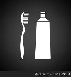 Toothpaste and brush icon. Black background with white. Vector illustration.