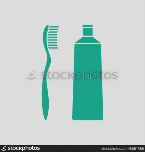 Toothpaste and brush icon. Gray background with green. Vector illustration.