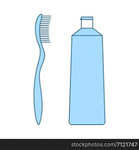 Toothpaste And Brush Icon. Thin Line With Blue Fill Design. Vector Illustration.