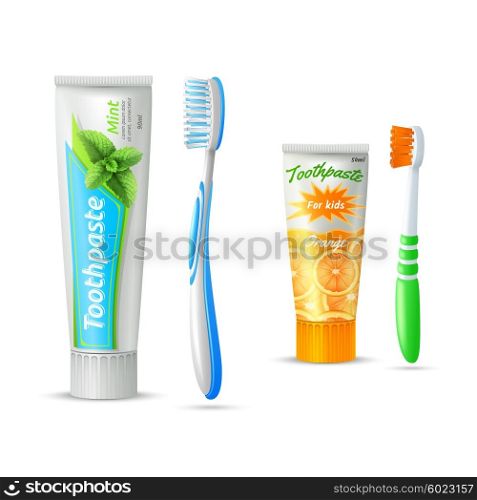 Toothpaste And Toothbrush For Kids And Adults. Design icons set of toothpaste tubes and toothbrushs for kids and adults isolated vector illustration