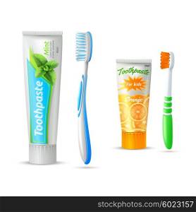 Toothpaste And Toothbrush For Kids And Adults. Design icons set of toothpaste tubes and toothbrushs for kids and adults isolated vector illustration