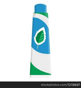 Toothpaste cartoon template with mint leaf isolated on white background. Teeth protection, oral care, dental health concept design for toothpaste packaging, poster. Vector illustration for any design.