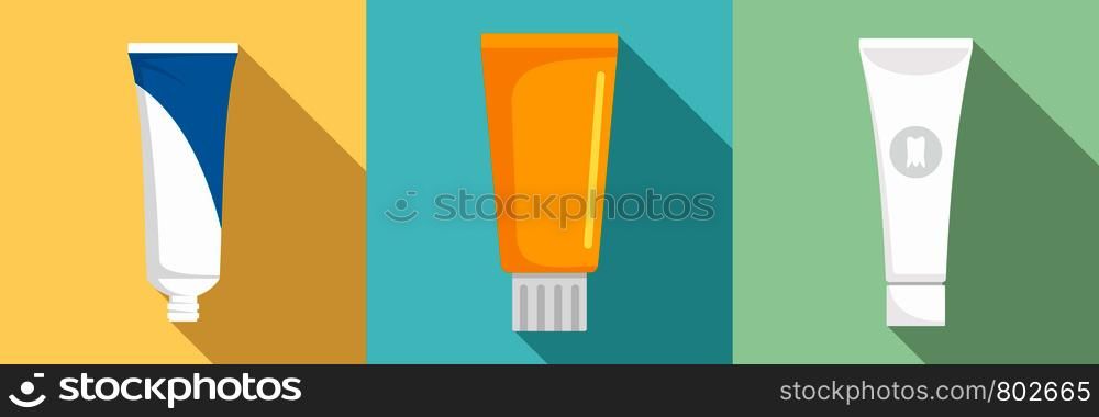 Toothpaste icon set. Flat set of toothpaste vector icons for web design. Toothpaste icon set, flat style