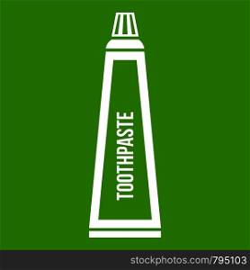 Toothpaste in tube icon white isolated on green background. Vector illustration. Toothpaste in tube icon green