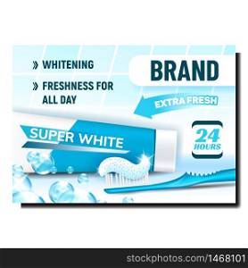 Toothpaste Oral Hygiene Product Banner Vector. Toothbrush With Toothpaste Gel, Blank Packaging And Bubbles On Bright Advertising Poster. Tooth Paste Colored Concept Template Illustration. Toothpaste Oral Hygiene Product Banner Vector