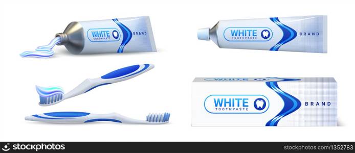 Toothpaste. Realistic 3D tube packaging mockup with brand identity and dental care advertisement. Vector isolated illustration oral hygiene products set with toothbrush and toothpaste. Toothpaste. Realistic 3D tube packaging mockup with brand identity and dental care advertisement. Vector oral hygiene products set