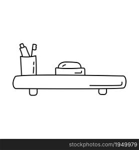 Toothpaste, toothbrush and soap on the shelf sketch. Hand drawn black and white doodle vector illustration.