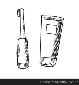 Toothpaste tube and electric toothbrush sketches, for dentistry or oral hygiene themes design. Toothpaste and electric toothbrush sketches