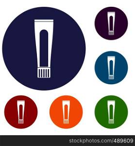 Toothpaste tube icons set in flat circle red, blue and green color for web. Toothpaste tube icons set