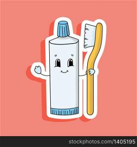 Toothpaste Tube With Toothbrush. Bright color sticker. Cartoon character. Vector illustration. Design element. With white contour.