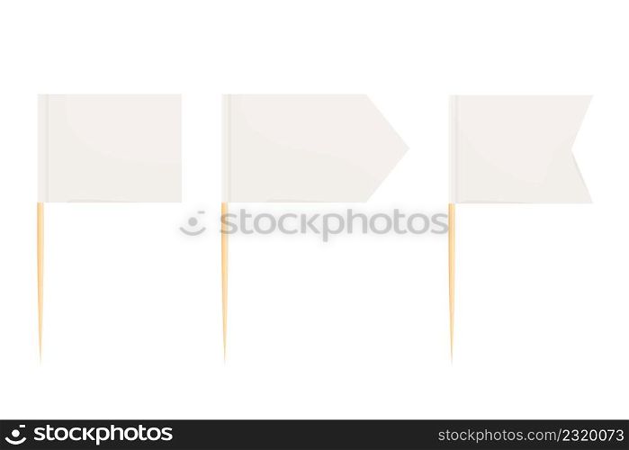 Toothpick flag wooden miniature in cartoon flat style isolated on white background, toothpick flag rectangle blank, icon. For mini stick pointer messages. Vector illustration