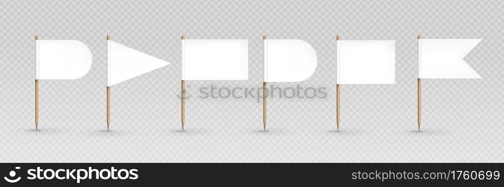 Toothpick flags, white banners of different shapes on wooden pointed sticks. Oval, triangular, rectangular and double edge pennants isolated on transparent background, Realistic 3d vector icons set. Toothpick flags, white banners of different shapes