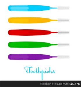 Toothpicks on a white background. Colored Vector toothpicks, isolate. Dental care &#xA;equipment. Stock vector