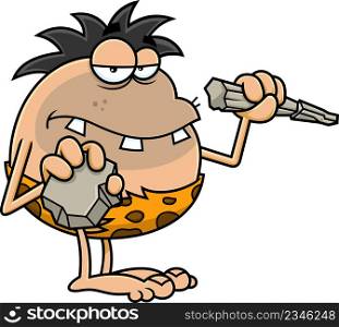 Toothy Caveman Cartoon Character Ready To Writing. Vector Hand Drawn Illustration Isolated On White Background