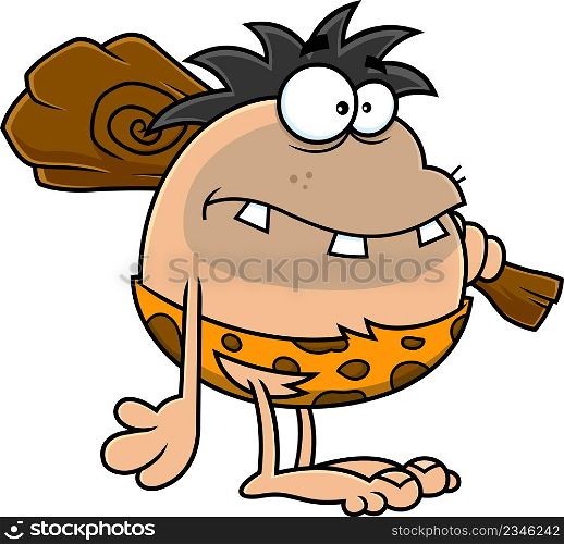 Toothy Caveman Cartoon Character With Club On His Shoulder. Vector Hand Drawn Illustration Isolated On White Background